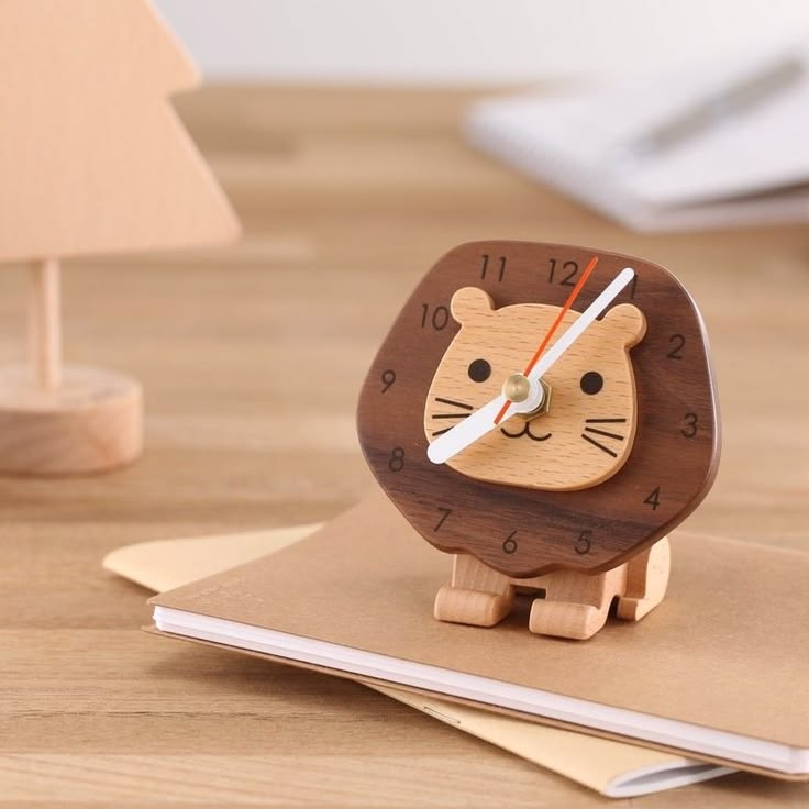 Where Playful Craft Meets the Warmth of Natural Wood: Handcrafted Lion Wooden Desk Clock for the Joyfully Considered Home and Workspace