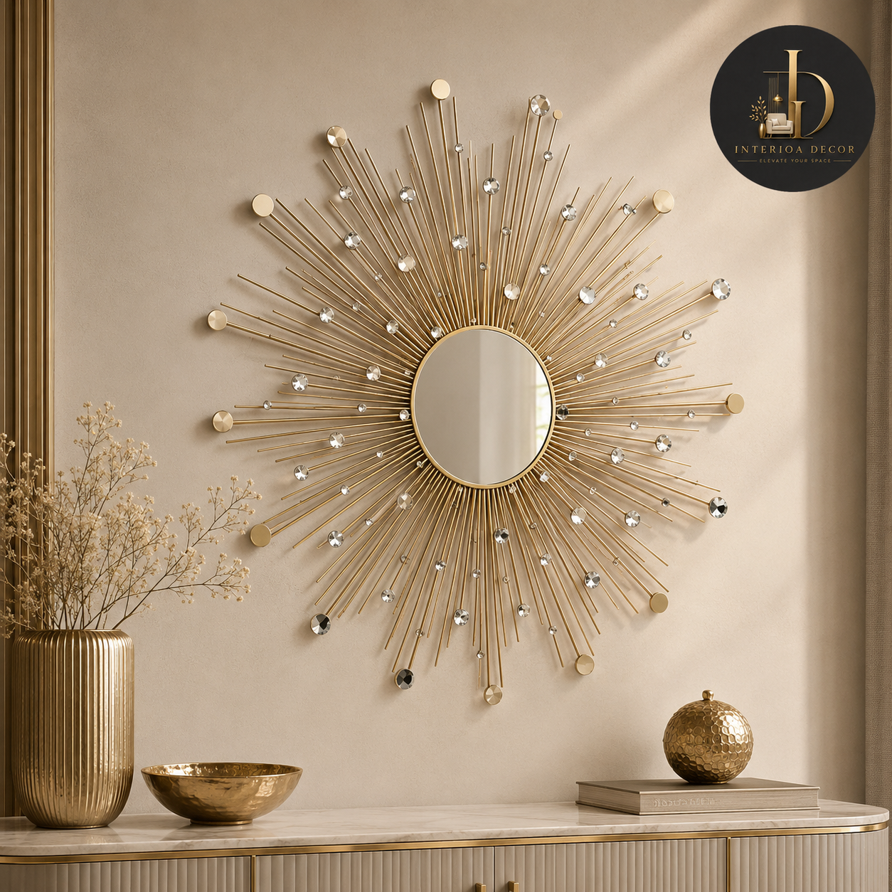 Gold Sunburst Crystal Wall Mirror