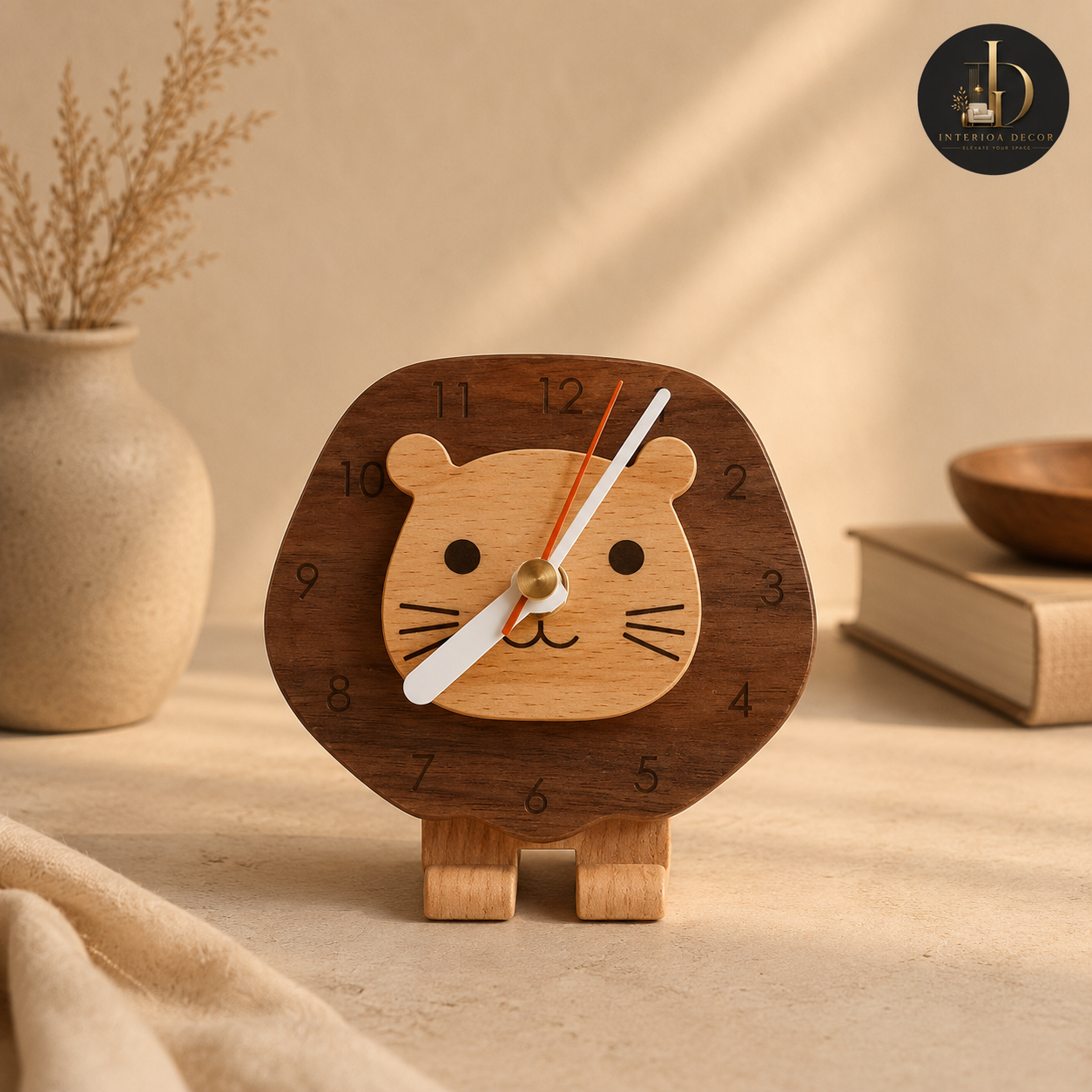 Handcrafted Lion Wooden Desk Clock