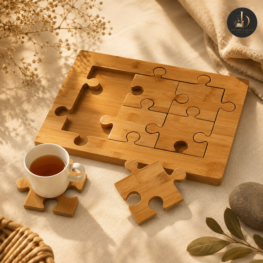 Bamboo Puzzle Piece Coaster Set with Storage Board