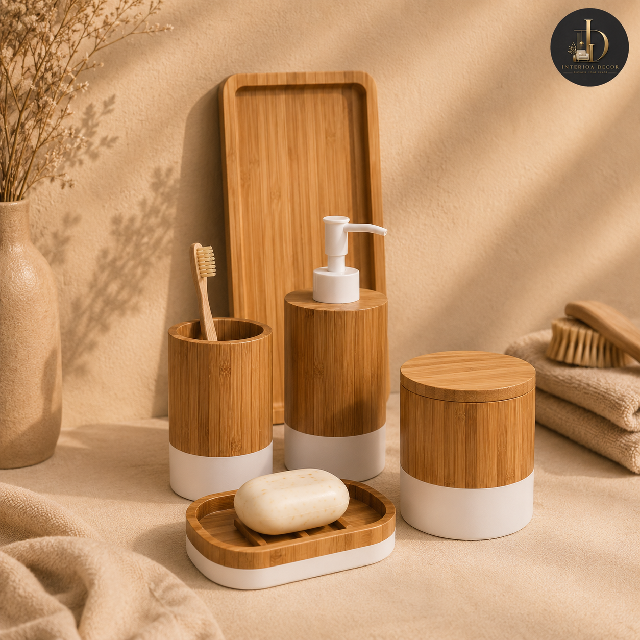 Bamboo & White Ceramic Bathroom Accessories Set