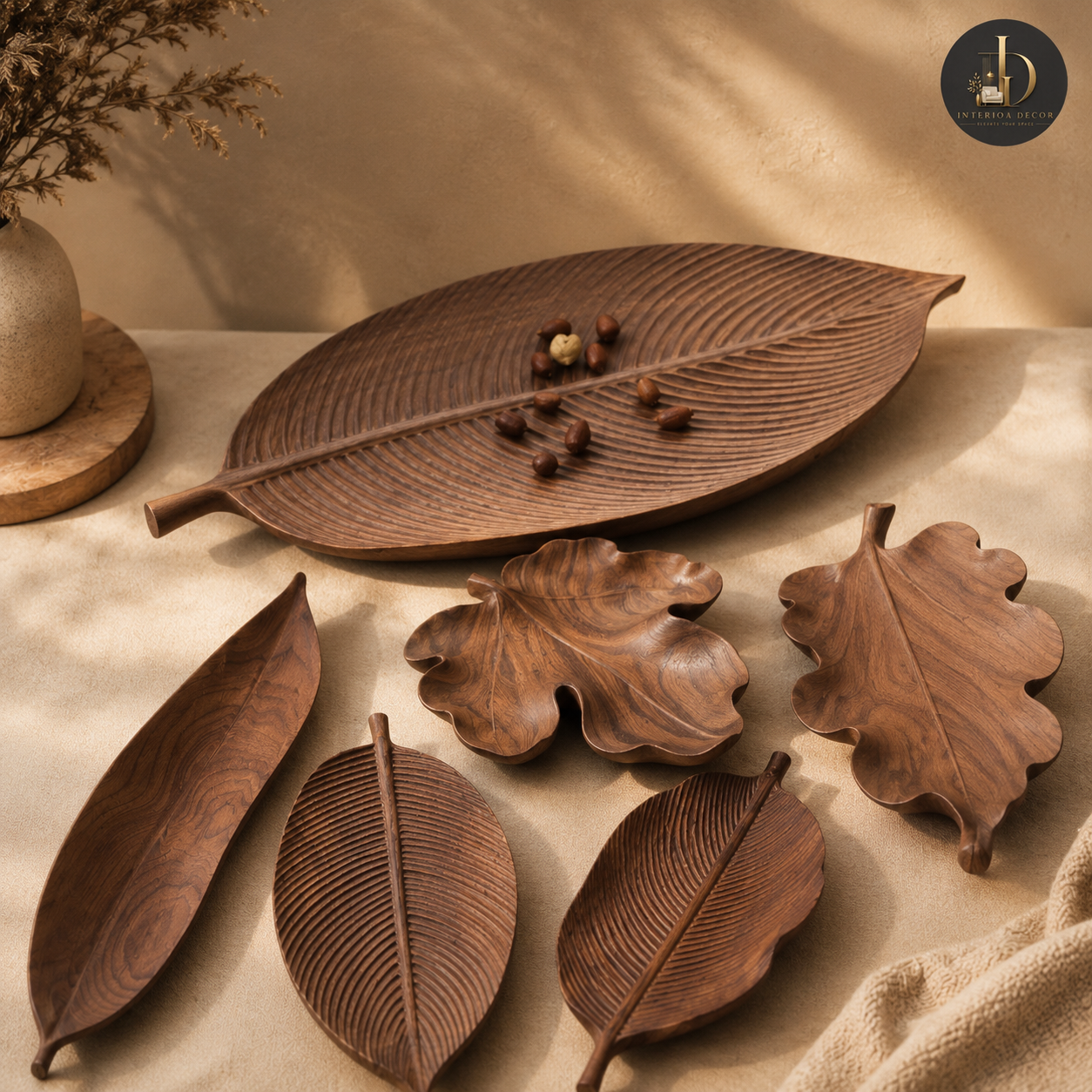 Handcarved Walnut Leaf Wooden Serving Tray & Catch-All Dish