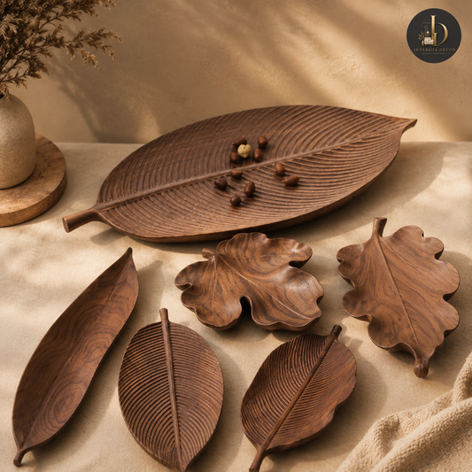 Handcarved Walnut Leaf Wooden Serving Tray & Catch-All Dish