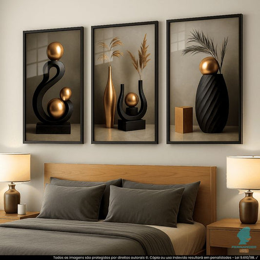 Where Sculptural Drama Meets Timeless Elegance: Luxury Black and Gold Still Life Wall Art Set for the Sophisticatedly Styled Home