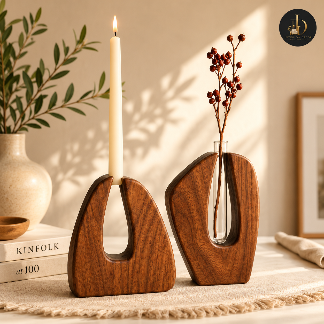 Handcrafted Solid Walnut Arch Candleholder and Stem Vase Set
