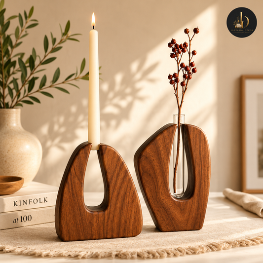 Handcrafted Solid Walnut Arch Candleholder and Stem Vase Set