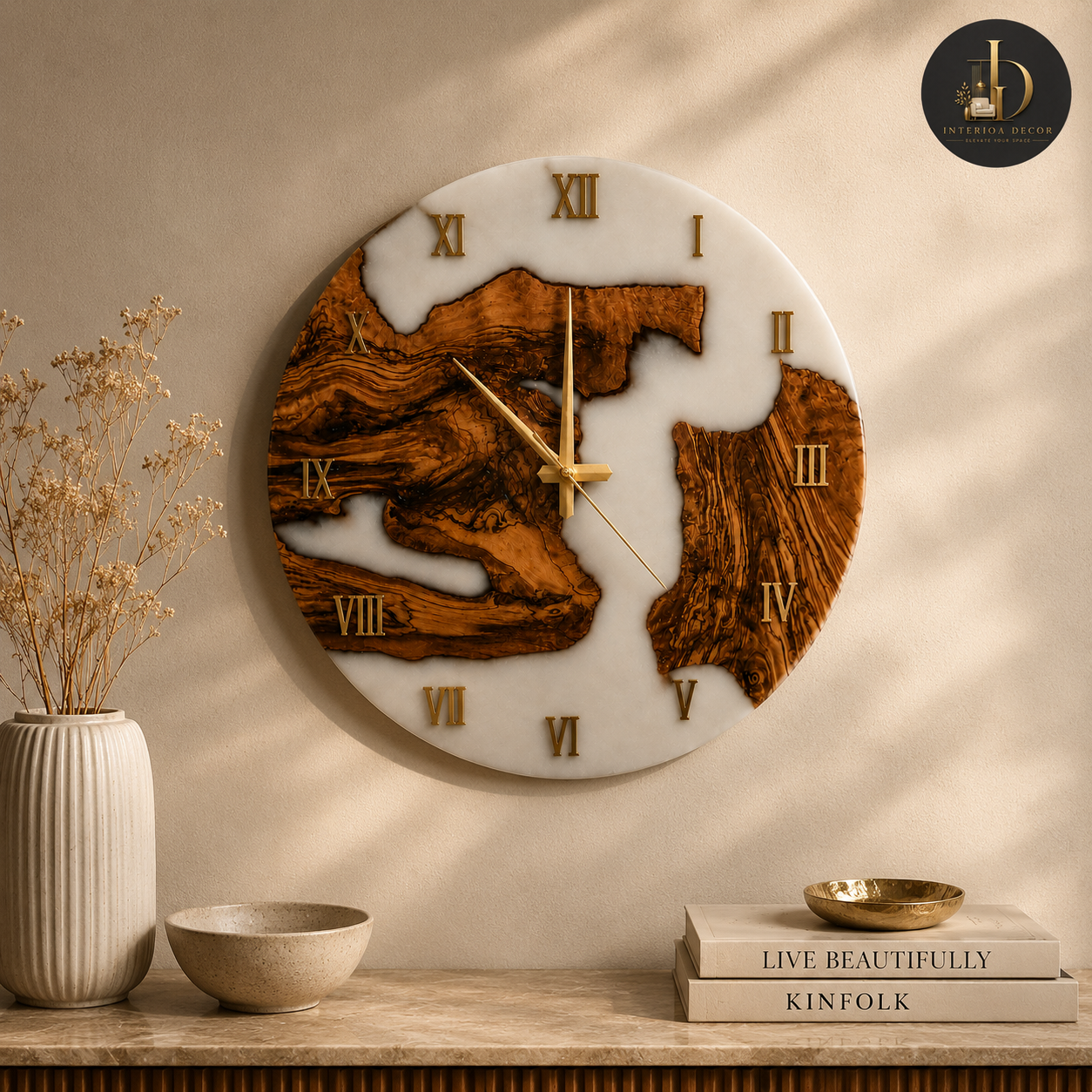 Olive Wood & White Epoxy Resin Wall Clock