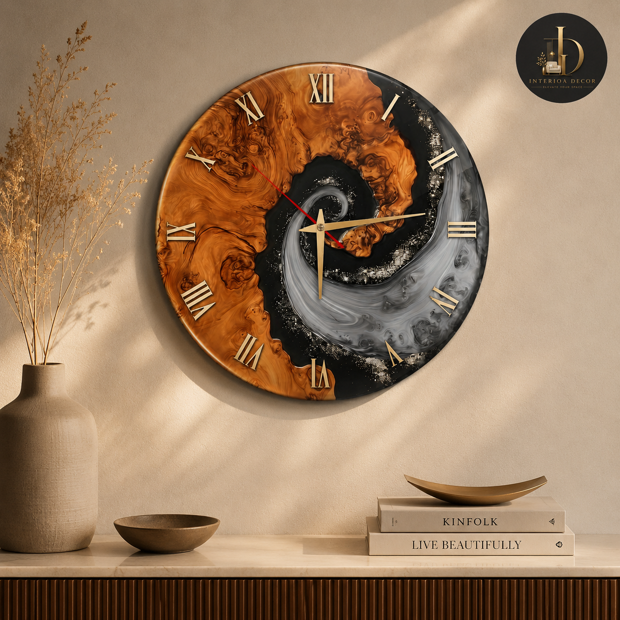 Burl Wood & Galaxy Epoxy Resin Wall Clock