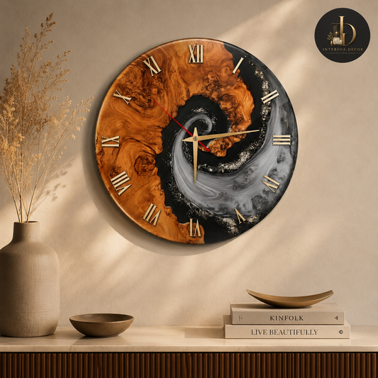 Burl Wood & Galaxy Epoxy Resin Wall Clock