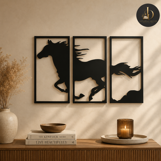 Black Galloping Horse Triptych Wall Art Set