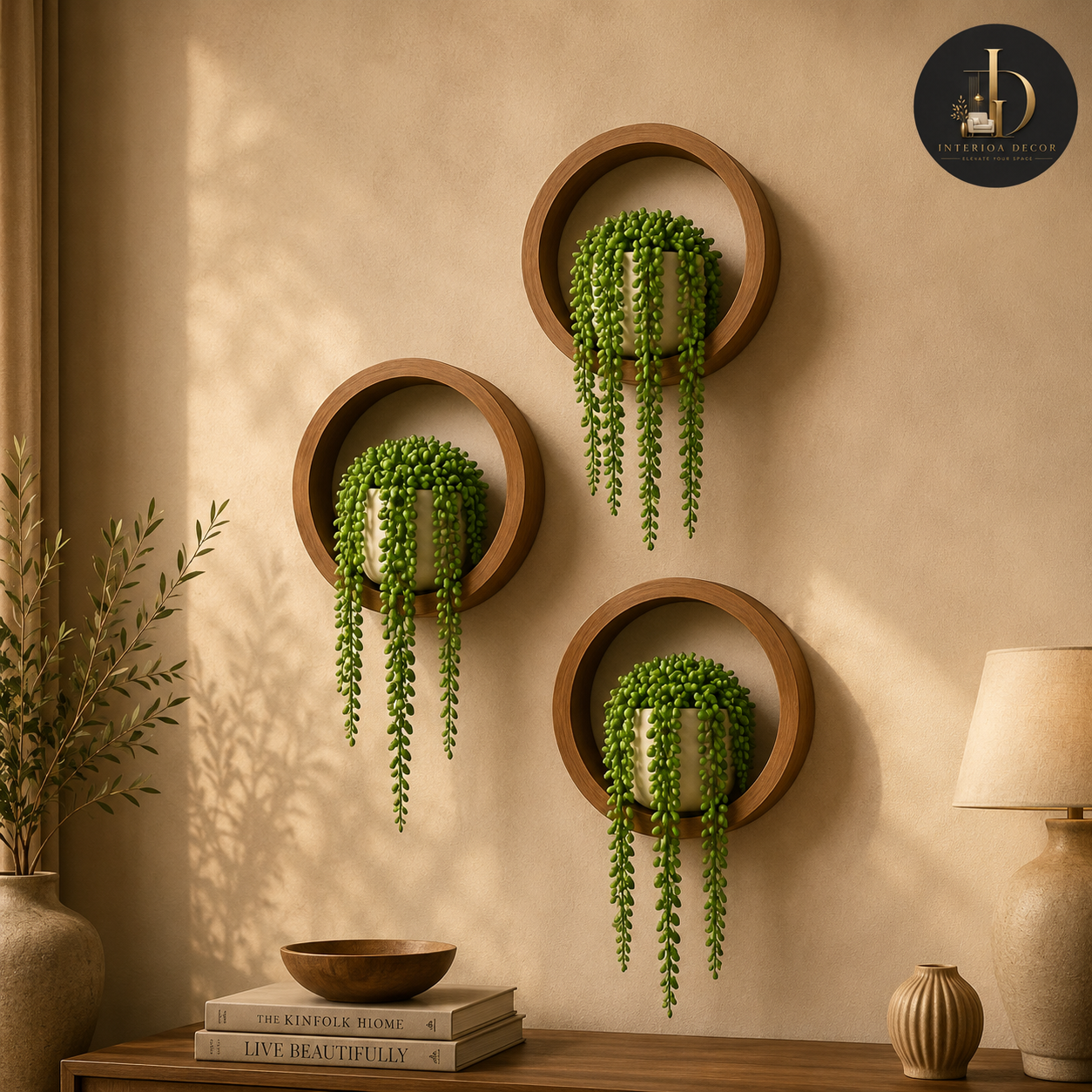 Round Wooden Wall Planter with Ceramic Pot