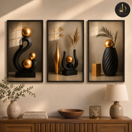 Black & Gold Sculptural Still Life Wall Art Set of 3