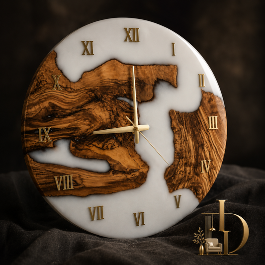 Nature Poured in Time: The Timeless Elegance of Live Edge Olive Wood & White Resin — A Clock Like No Other